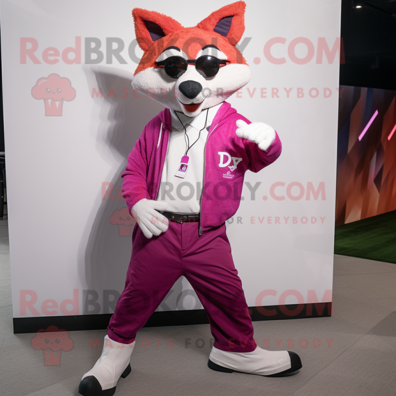 Magenta Fox mascot costume character dressed with a Chinos and Eyeglasses