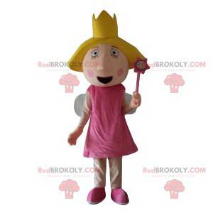 Mascotte de fée avec un robe rose et une couronne -
