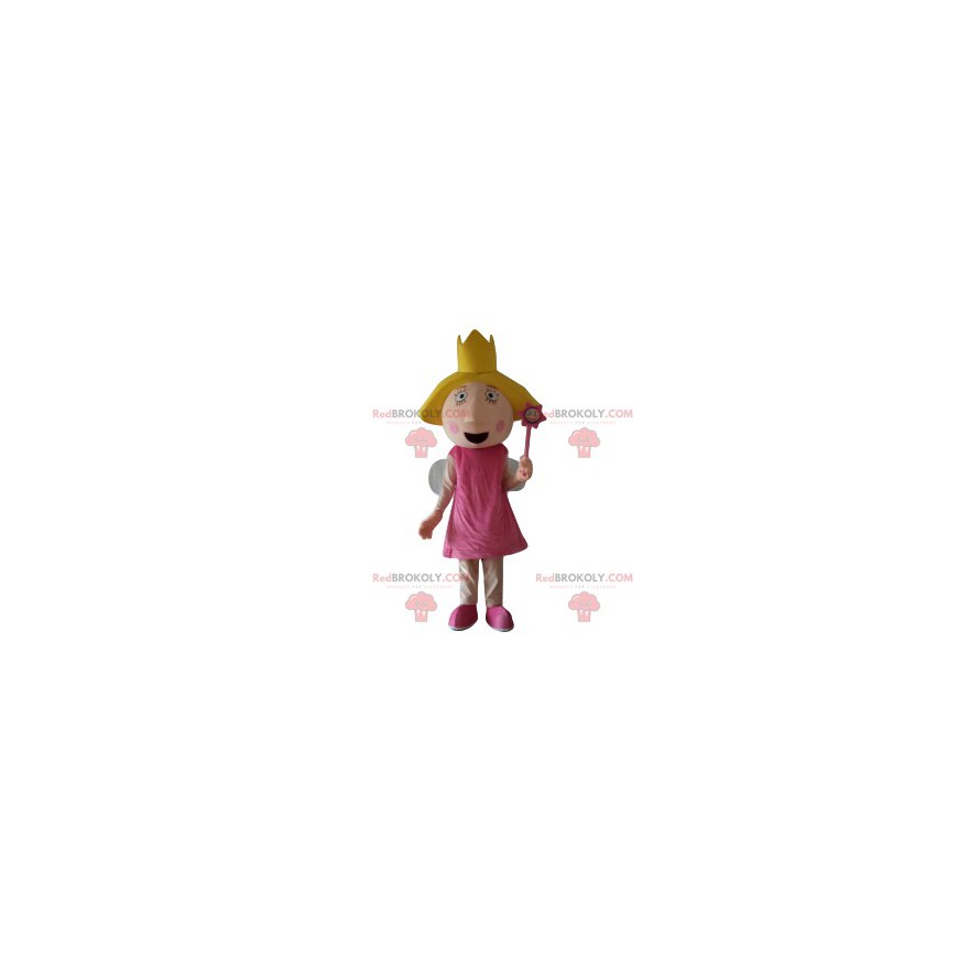 Mascota de hadas con un vestido rosa y una corona. -