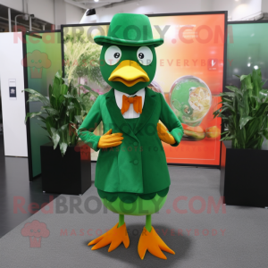 Forest Green Mandarin mascot costume character dressed with a Skirt and Tie pins
