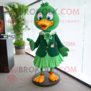 Forest Green Mandarin mascot costume character dressed with a Skirt and Tie pins