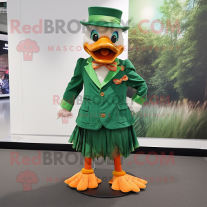 Forest Green Mandarin mascot costume character dressed with a Skirt and Tie pins