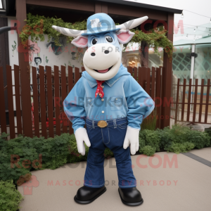 Blue Beef Stroganoff mascot costume character dressed with a Overalls and Tie pins