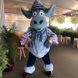 Blue Beef Stroganoff mascot costume character dressed with a Overalls and Tie pins