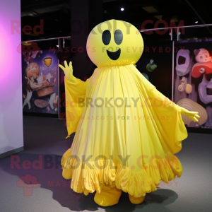 Yellow Ghost mascot costume character dressed with a Ball Gown and Backpacks