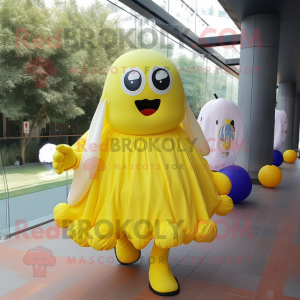 Yellow Ghost mascot costume character dressed with a Ball Gown and Backpacks