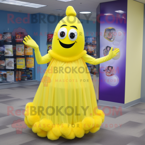 Yellow Ghost mascot costume character dressed with a Ball Gown and Backpacks