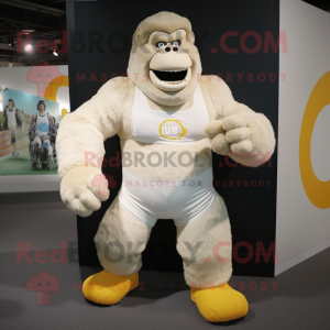 Cream Gorilla mascot costume character dressed with a Running Shorts and Messenger bags