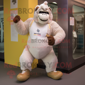 Cream Gorilla mascot costume character dressed with a Running Shorts and Messenger bags