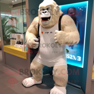 Cream Gorilla mascot costume character dressed with a Running Shorts and Messenger bags