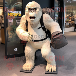 Cream Gorilla mascot costume character dressed with a Running Shorts and Messenger bags