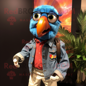 nan Macaw mascot costume character dressed with a Denim Shirt and Eyeglasses