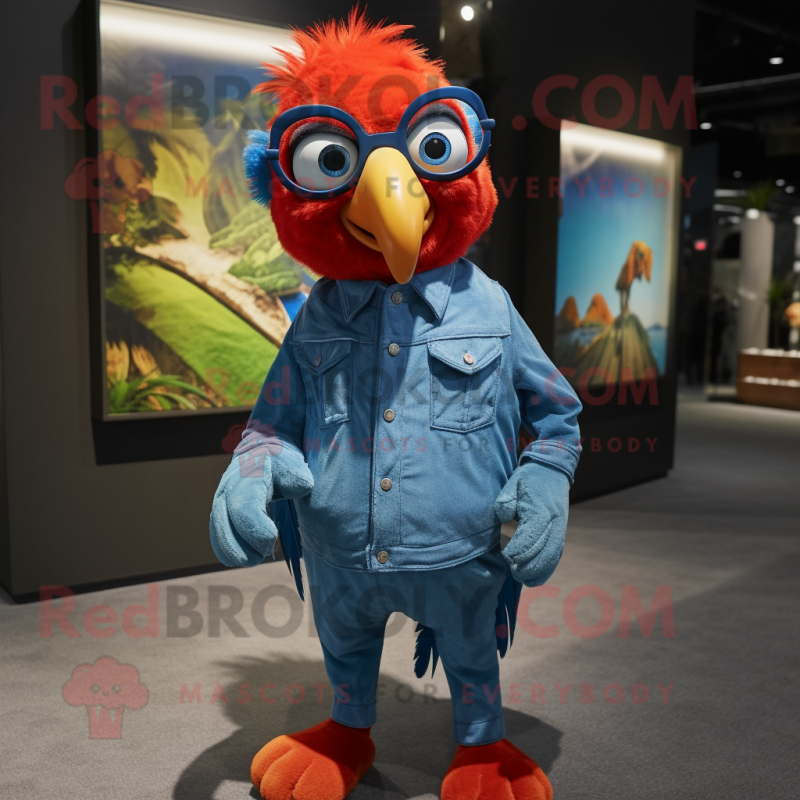 nan Macaw mascot costume character dressed with a Denim Shirt and Eyeglasses