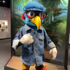 nan Macaw mascot costume character dressed with a Denim Shirt and Eyeglasses