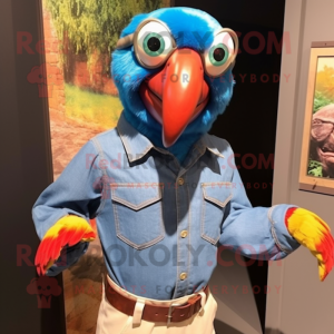 nan Macaw mascot costume character dressed with a Denim Shirt and Eyeglasses