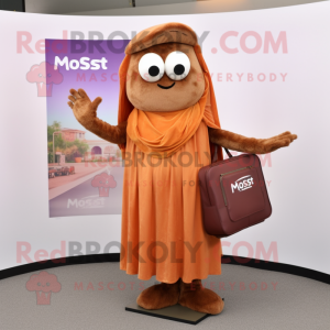 Rust Moussaka mascot costume character dressed with a Maxi Dress and Messenger bags