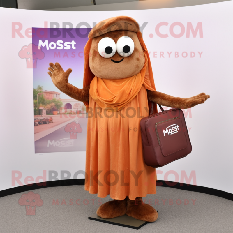 Rust Moussaka mascot costume character dressed with a Maxi Dress and Messenger bags Rust Moussaka mascot costume character dressed with a Maxi Dress and Messenger bags