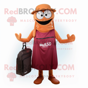 Rust Moussaka mascot costume character dressed with a Maxi Dress and Messenger bags