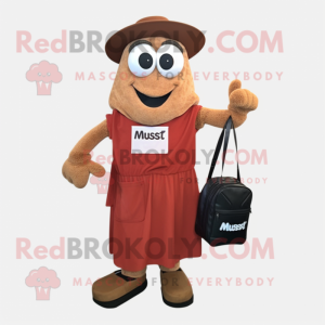 Rust Moussaka mascot costume character dressed with a Maxi Dress and Messenger bags