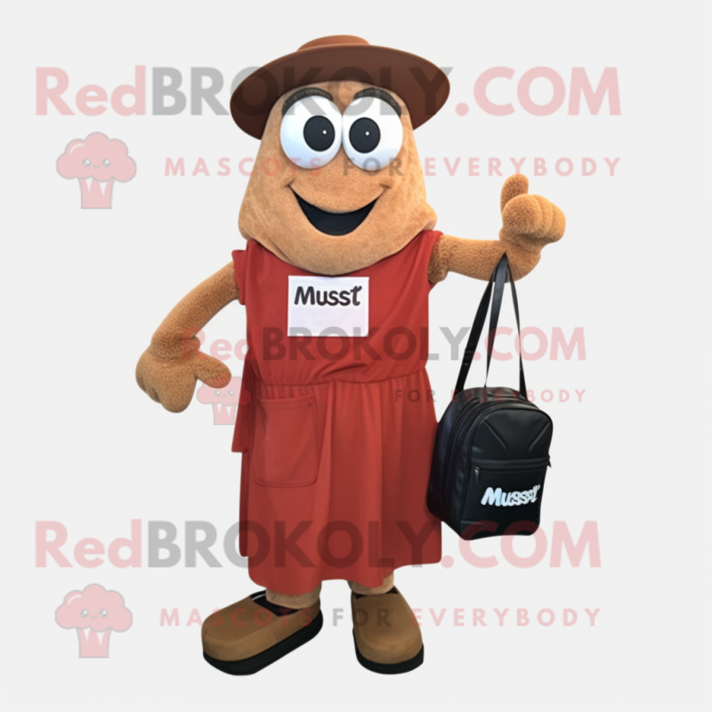 Rust Moussaka mascot costume character dressed with a Maxi Dress and Messenger bags Rust Moussaka mascot costume character dressed with a Maxi Dress and Messenger bags