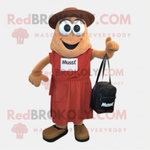 Rust Moussaka mascot costume character dressed with a Maxi Dress and Messenger bags