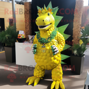 Lemon Yellow Stegosaurus mascot costume character dressed with a Tank Top and Necklaces
