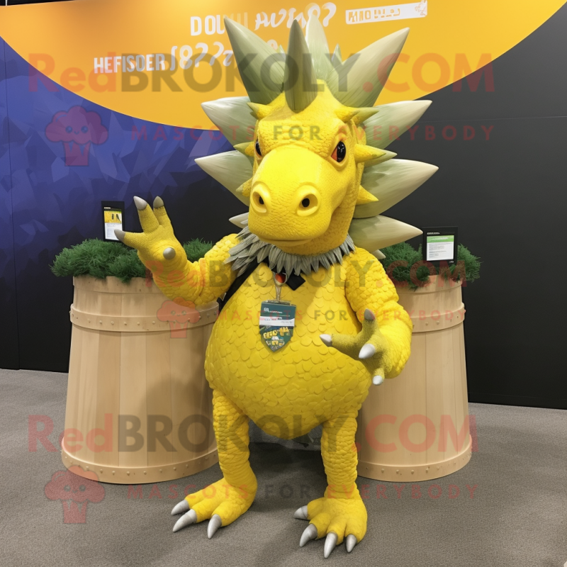Lemon Yellow Stegosaurus mascot costume character dressed with a Tank Top and Necklaces