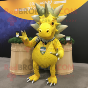 Lemon Yellow Stegosaurus mascot costume character dressed with a Tank Top and Necklaces