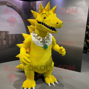 Lemon Yellow Stegosaurus mascot costume character dressed with a Tank Top and Necklaces