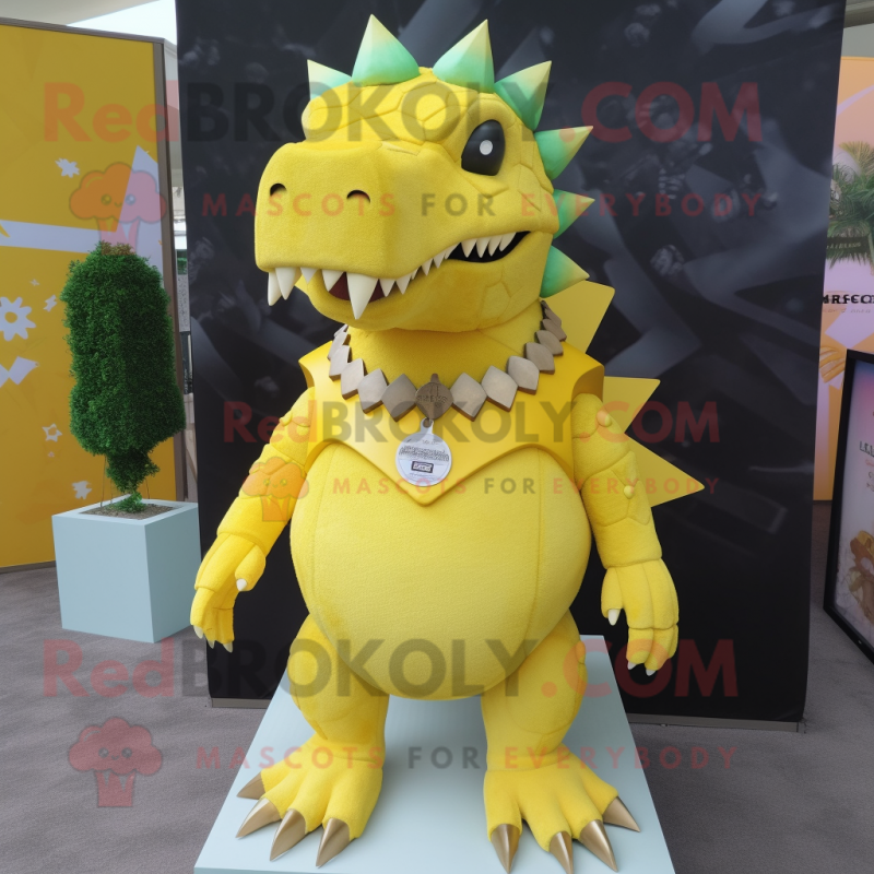 Lemon Yellow Stegosaurus mascot costume character dressed with a Tank Top and Necklaces