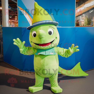 Lime Green Swordfish mascot costume character dressed with a Flare Jeans and Hats