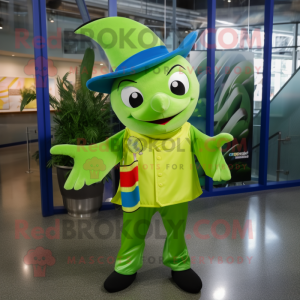 Lime Green Swordfish mascot costume character dressed with a Flare Jeans and Hats