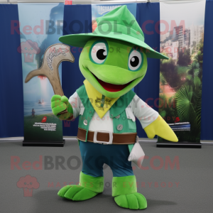 Lime Green Swordfish mascot costume character dressed with a Flare Jeans and Hats