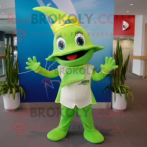 Lime Green Swordfish mascot costume character dressed with a Flare Jeans and Hats