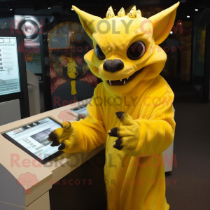 Yellow Gargoyle mascot costume character dressed with a Cover-up and Mittens