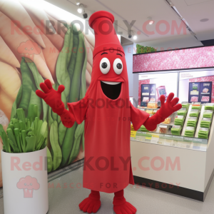 Red Asparagus mascot costume character dressed with a Wrap Dress and Caps