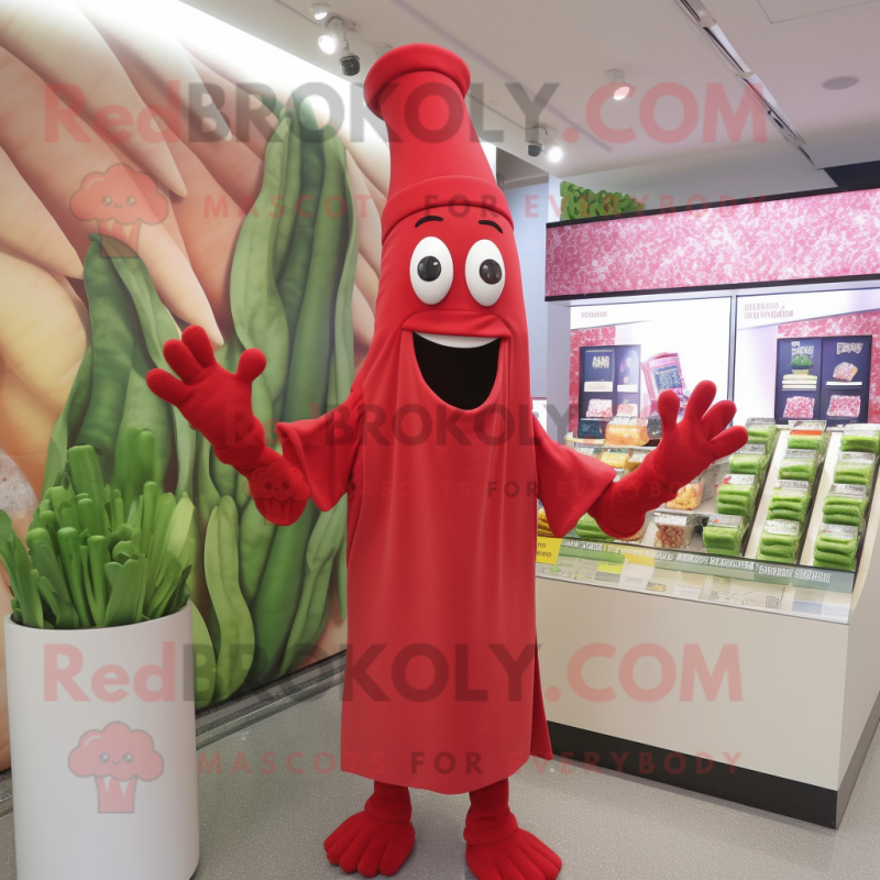 Red Asparagus mascot costume character dressed with a Wrap Dress and Caps Red Asparagus mascot costume character dressed with a Wrap Dress and Caps