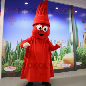 Red Asparagus mascot costume character dressed with a Wrap Dress and Caps