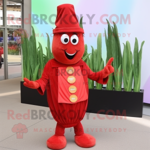 Red Asparagus mascot costume character dressed with a Wrap Dress and Caps