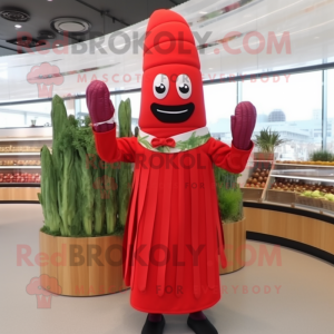 Red Asparagus mascot costume character dressed with a Wrap Dress and Caps