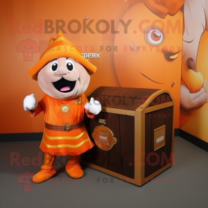 Orange Treasure Chest mascot costume character dressed with a Vest and Cummerbunds