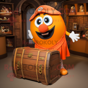 Orange Treasure Chest mascot costume character dressed with a Vest and Cummerbunds