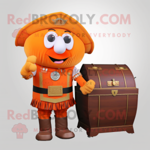 Orange Treasure Chest mascot costume character dressed with a Vest and Cummerbunds