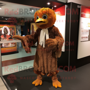 Brown Fried Chicken mascot costume character dressed with a Culottes and Shawl pins