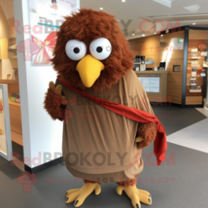 Brown Fried Chicken mascot costume character dressed with a Culottes and Shawl pins