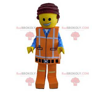 Mascote da Playmobil com roupa de trabalho laranja -