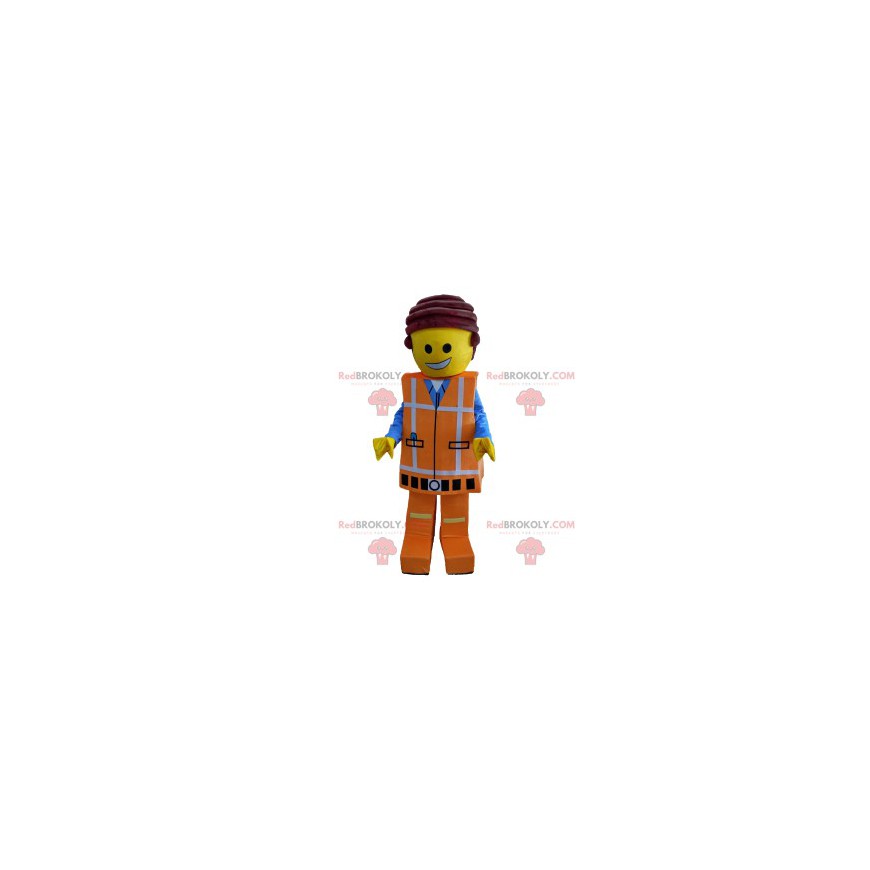 Mascote da Playmobil com roupa de trabalho laranja -