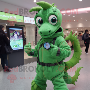 Green Seahorse mascot costume character dressed with a Parka and Smartwatches