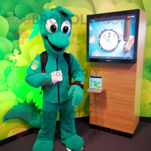 Green Seahorse mascot costume character dressed with a Parka and Smartwatches