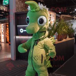 Green Seahorse mascot costume character dressed with a Parka and Smartwatches